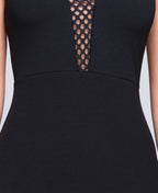 Black Bodycon Dress with Sheer Mesh Panels and Deep V Neck