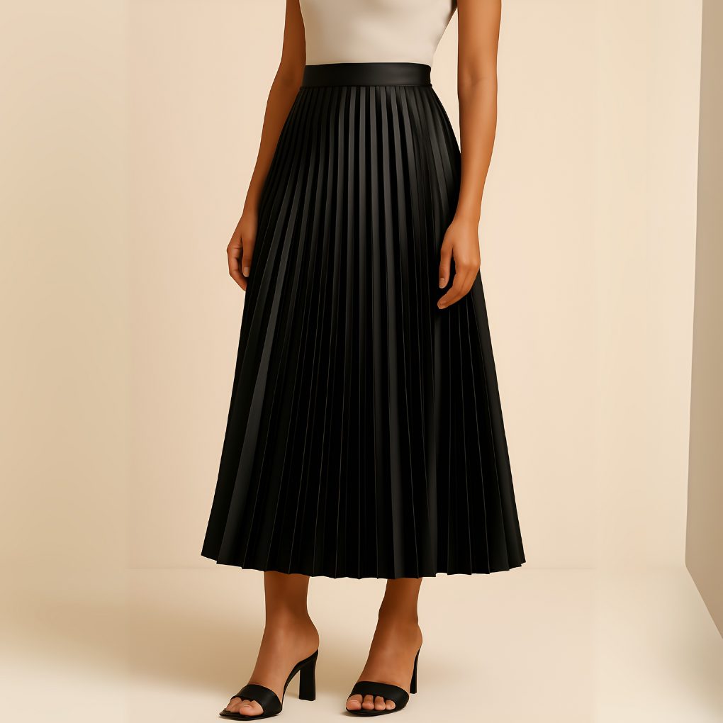 Satin Pleated High-Waist Midi Skirt for Women