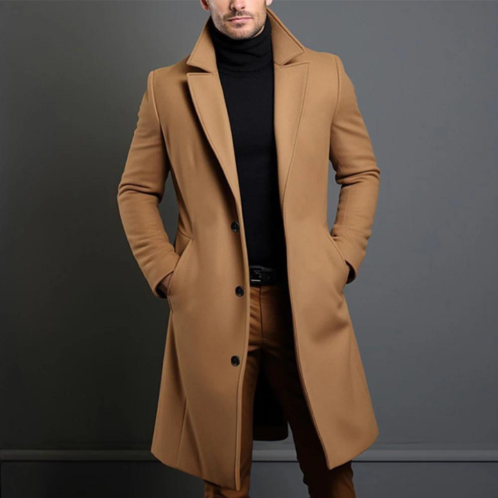 Men's Wool Blend Coat with Classic Lapels and Button Front