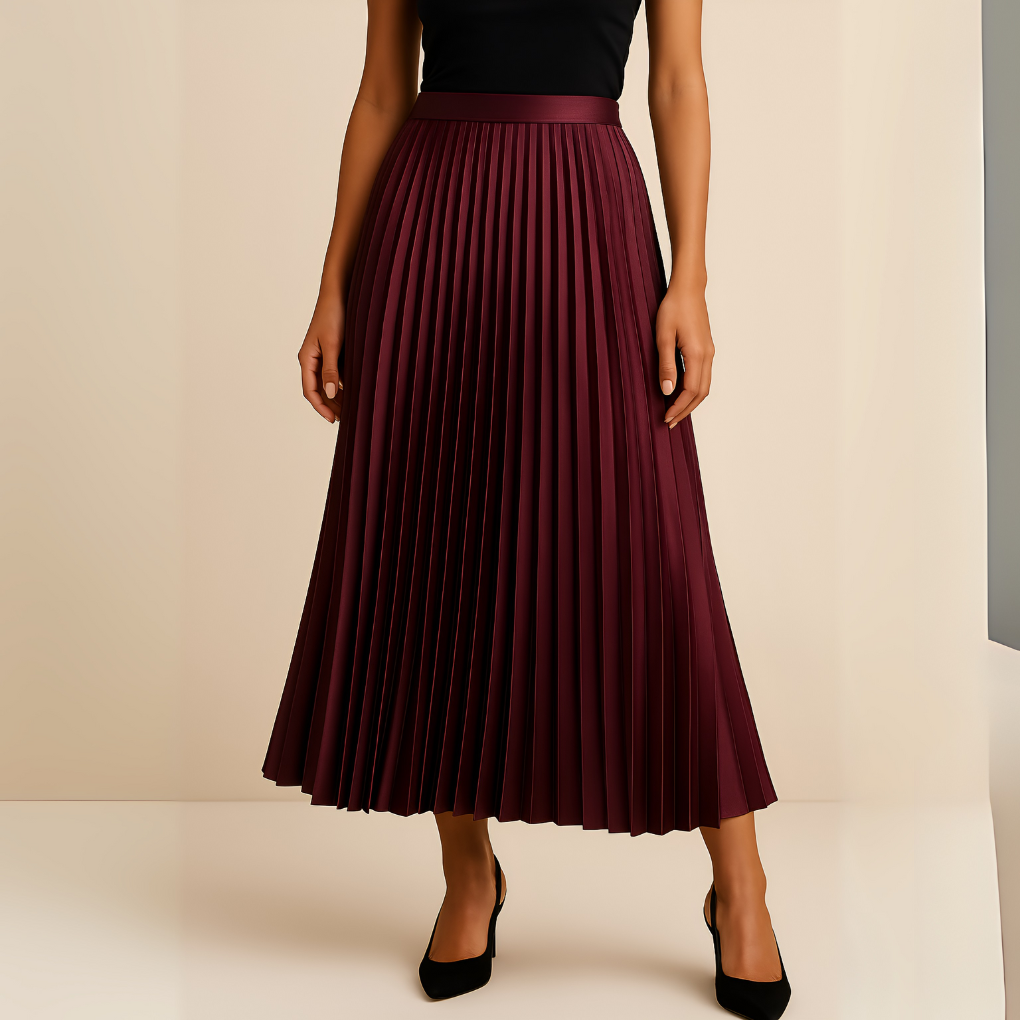 Satin Pleated High-Waist Midi Skirt for Women