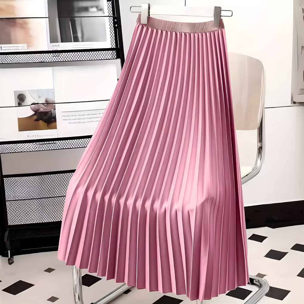 Satin Pleated High-Waist Midi Skirt for Women