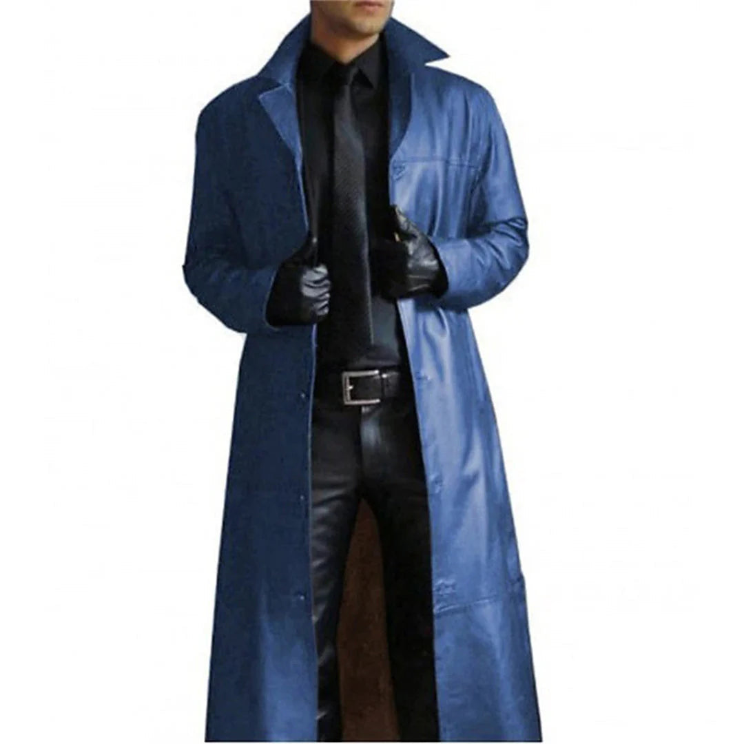 Men's Long Faux Leather Winter Coat with Full Lining