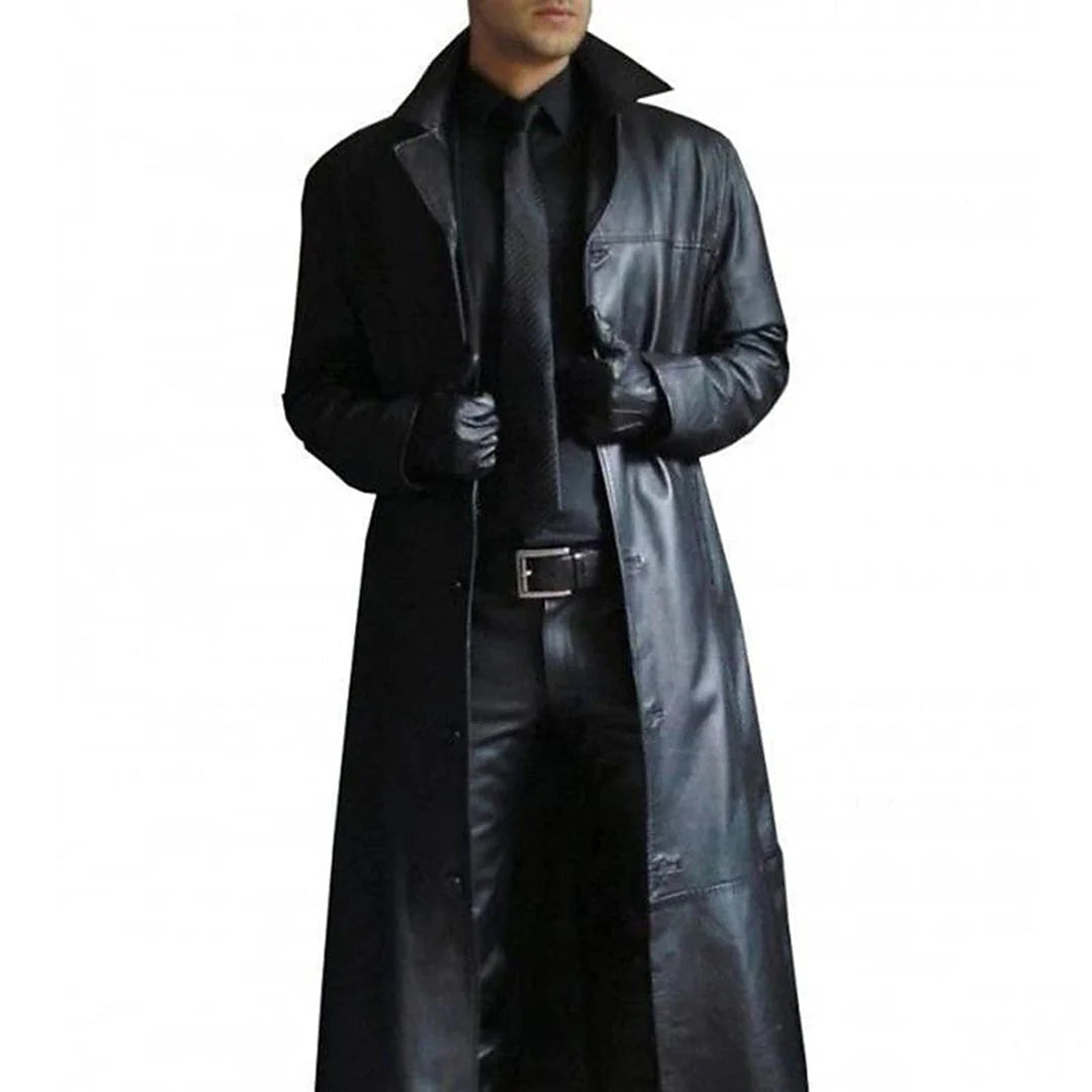 Men's Long Faux Leather Winter Coat with Full Lining