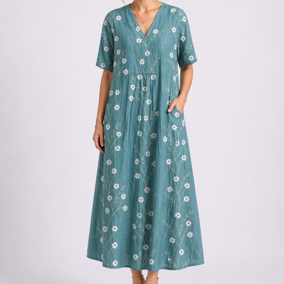 Lioren Women's Floral Midi Dress with V-Neck and Short Sleeves