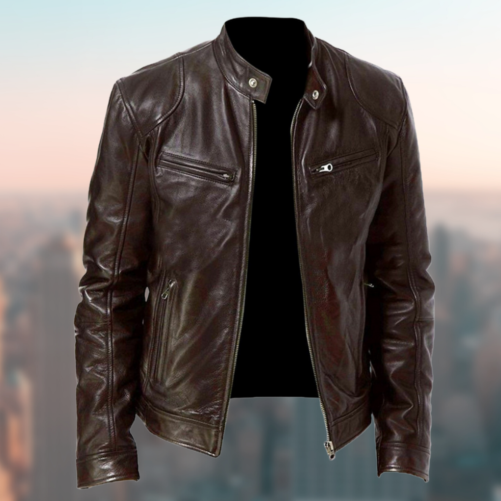 Men's Faux Leather Jacket with Front Zip and Chest Pocket