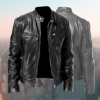 Men's Faux Leather Jacket with Front Zip and Chest Pocket