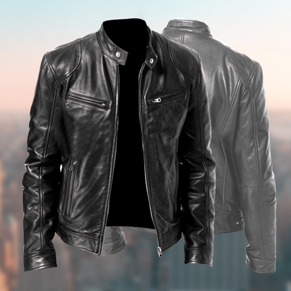Men's Faux Leather Jacket with Front Zip and Chest Pocket