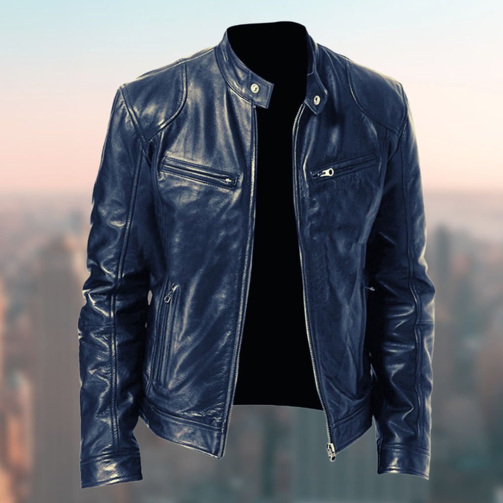 Men's Faux Leather Jacket with Front Zip and Chest Pocket