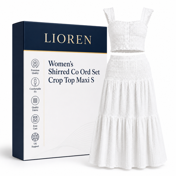 Lioren Women's Shirred Co Ord Set Crop Top Maxi Skirt