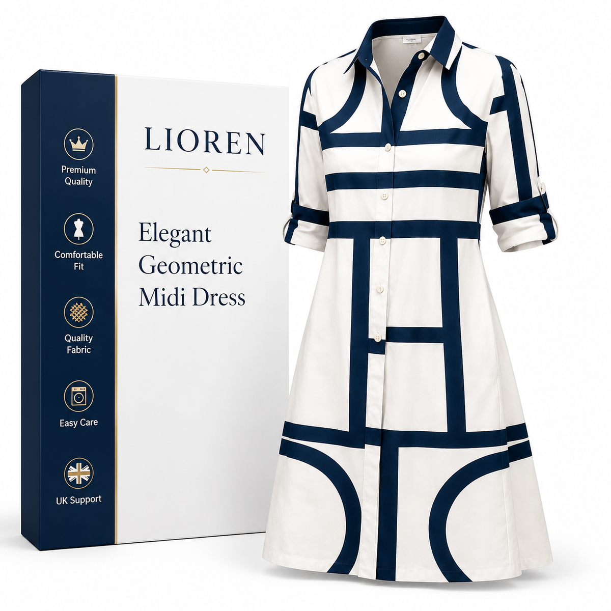 Lioren Elegant Geometric Midi Dress – Sophisticated & Timeless
