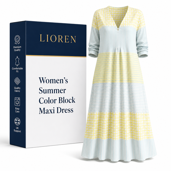 Lioren Women's Summer Color Block Maxi Dress | Lightweight V-Neck Casual Dress