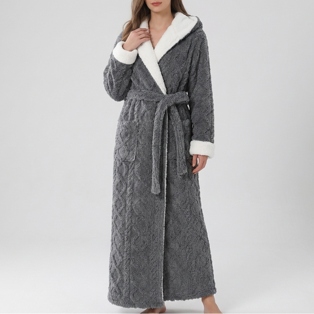 Women's Hooded Flannel Dressing Gown, Thick and Ankle Length