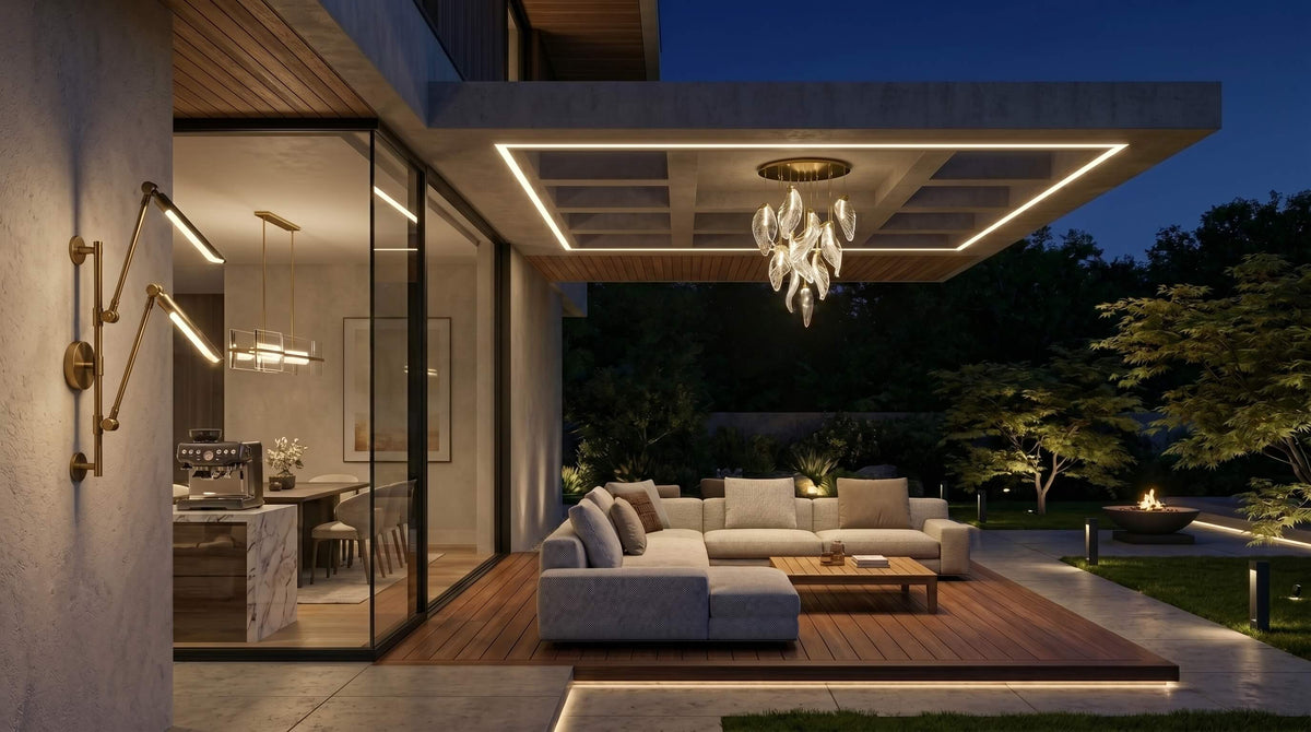 Evening terrace lit by a crystal chandelier and brass wall lights