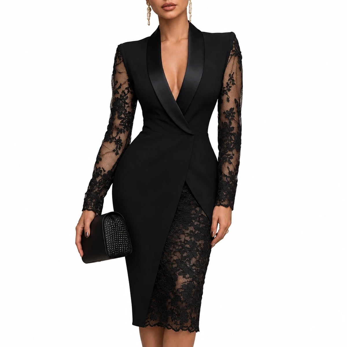 Velorna – Black Blazer Lace Midi Dress