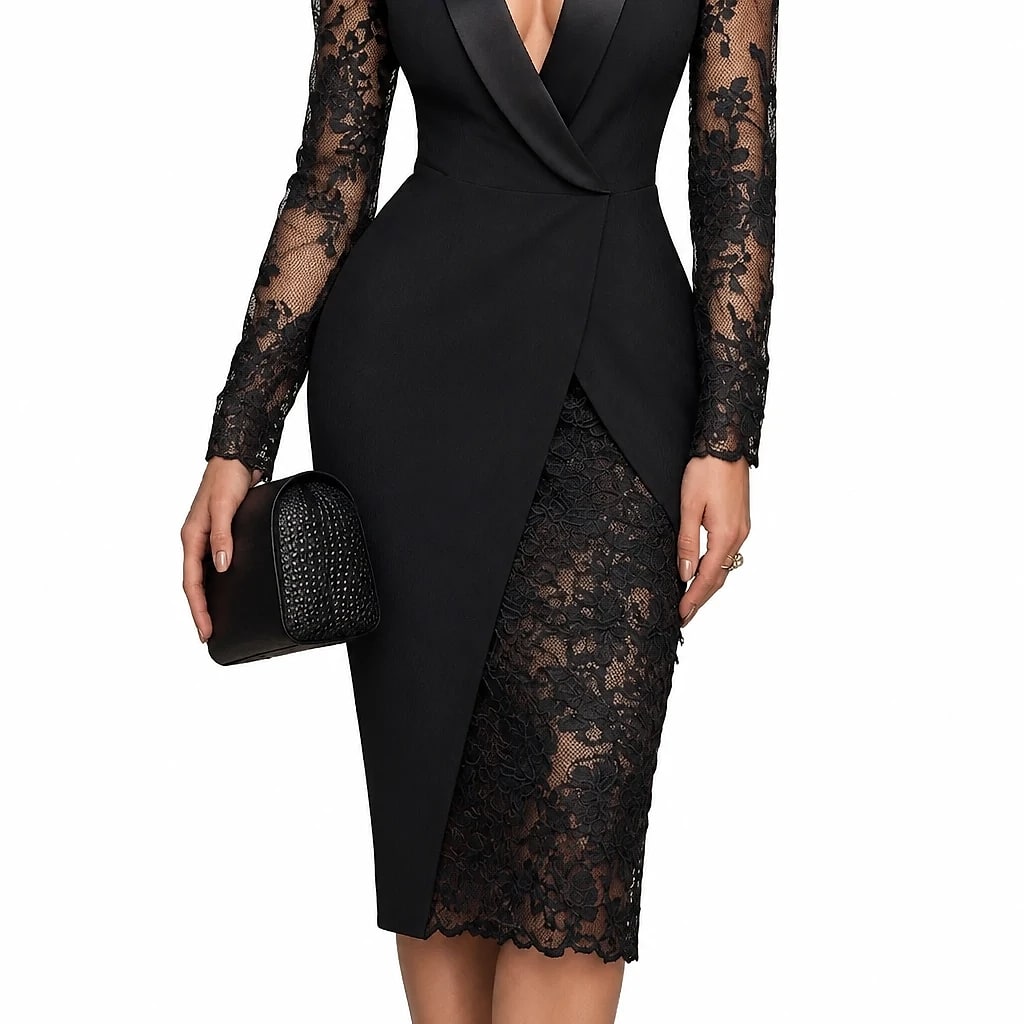 Velorna – Black Blazer Lace Midi Dress